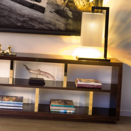 A Luxury Italian Ebony Veneered Bookcase stands elegantly, adorned with various books and decorative items, including a brass figurine of two dogs, a small stone sculpture, and a framed picture above. A modern lamp with a rectangular shade casts a warm light over the scene.
