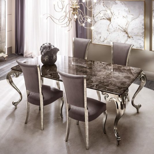 Luxury Italian Marble Champagne Leaf Dining Table And Chairs Set