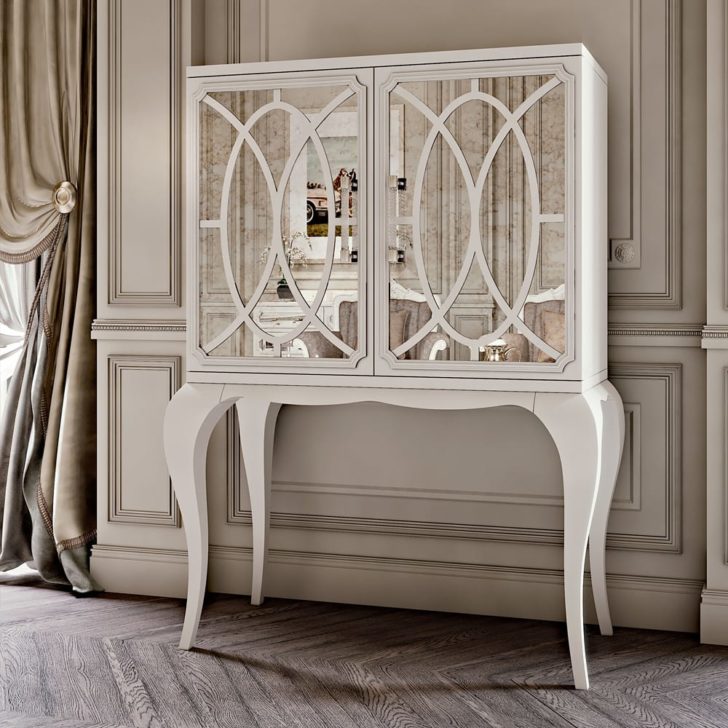 Luxury Italian White Fretwork Mirrored Cocktail Cabinet
