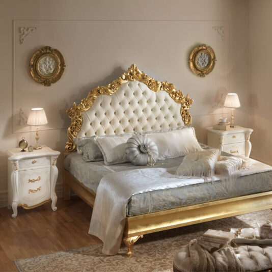 Magnificent Gold Leaf Rococo Leather Button Upholstered Bed
