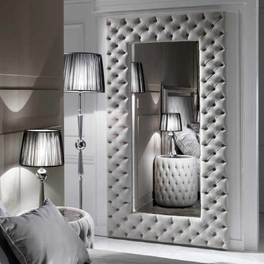 Large Modern Button Upholstered Nubuck Leather Wall Mirror