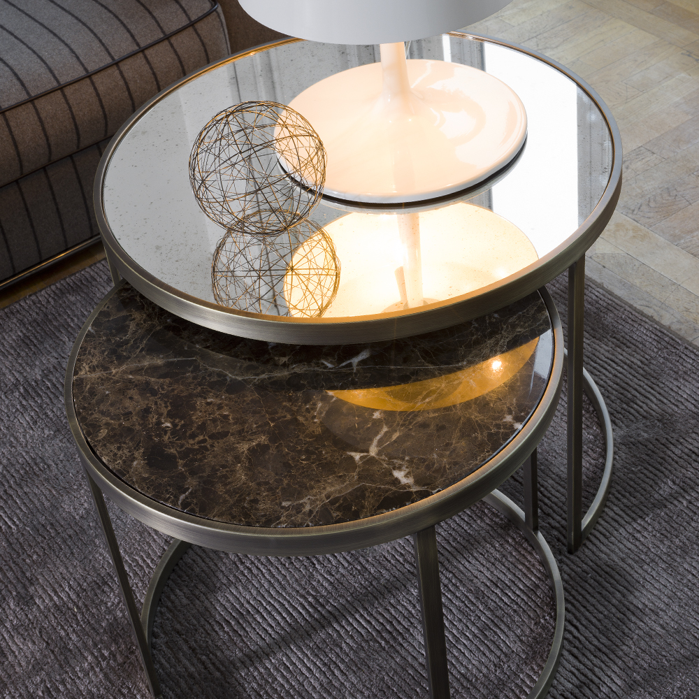 Mirrored Italian Designer Round Side Table Set