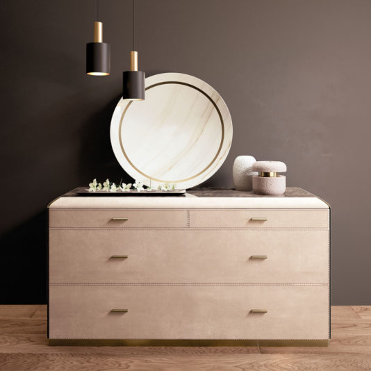 Modern Italian Designer Leather And Marble Chest Of Drawers