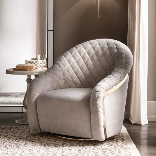 Modern Italian Designer Quilted Leather Swivel Armchair
