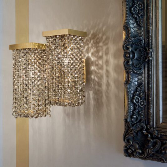 Modern Italian Smoky Crystal Brass Double Wall Light Modern Italian Smoky Swarovski Crystal Brass Double Wall Light