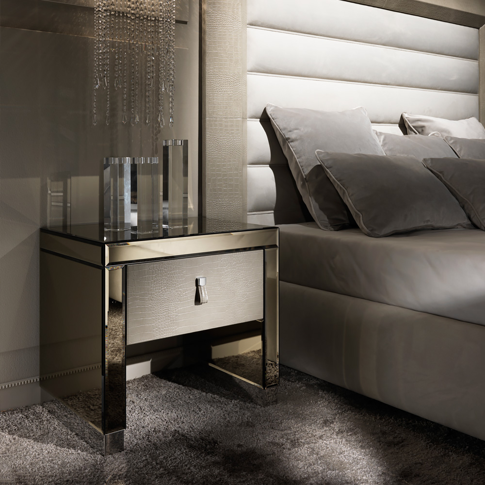 Modern Mirrored Embossed Leather Bedside Table