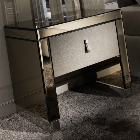 Modern Mirrored Embossed Leather Bedside Table Modern Mirrored Alligator Embossed Effect Leather Bedside Table