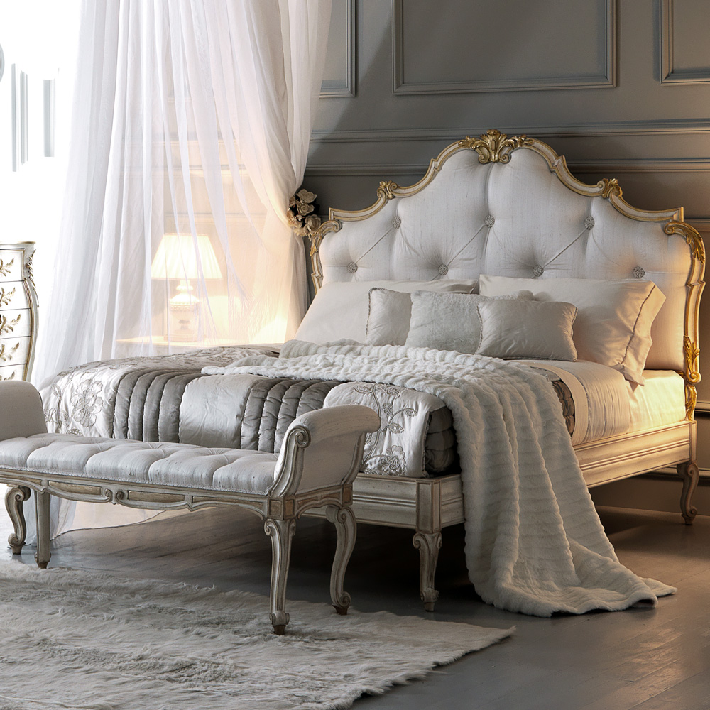 Ornate Carved Designer Italian Silk Button Upholstered Bed
