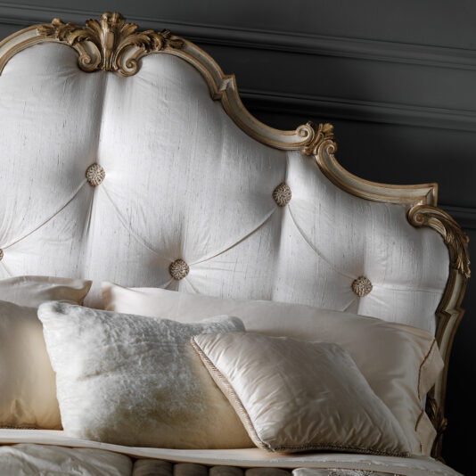 Ornate Carved Designer Italian Silk Button Upholstered Bed Ornate Carved Designer Italian Silk Button Upholstered Bed