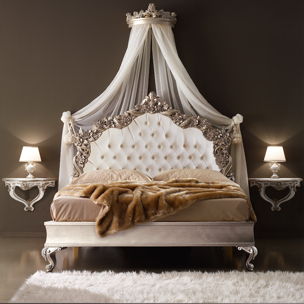 Ornate Italian Designer Silver Leaf Bed