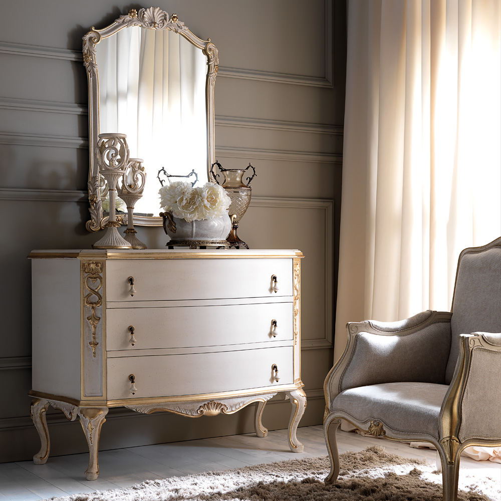 Ornate Italian Rococo Chest of Drawers and Mirror Set