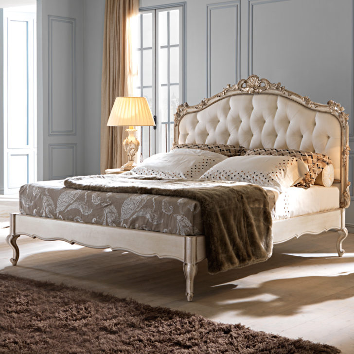 Ornate Italian Rococo Reproduction Button Upholstered Bed