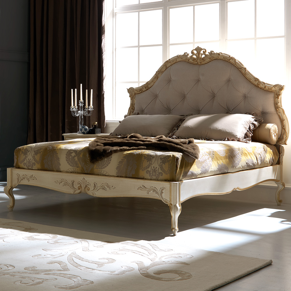 Ornate Ivory and Gold Italian Button Upholstered Bed