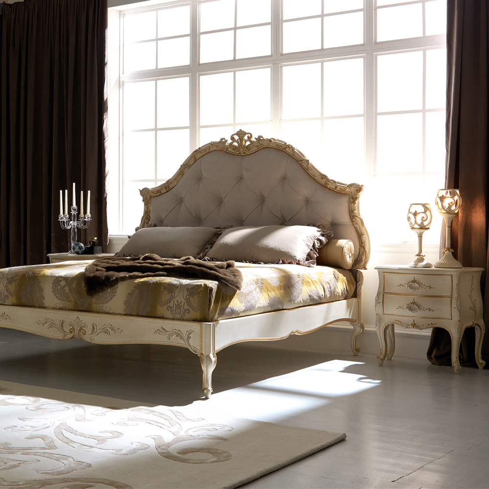 Ornate Ivory and Gold Italian Button Upholstered Bed