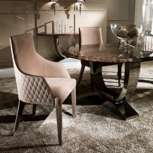 Oval High End Marble Italian Dining Table Contemporary Quilted Nubuck Leather Italian Dining Chairs