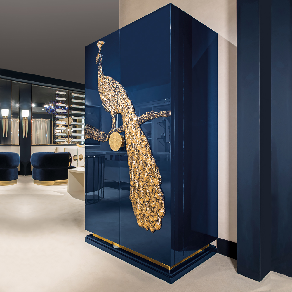 High End Gold Leaf Blue Lacquered Italian Cocktail Cabinet