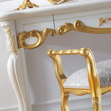 Ornate White and Gold Leaf Italian Dressing Table Refined Italian Dressing Table And Mirror Set