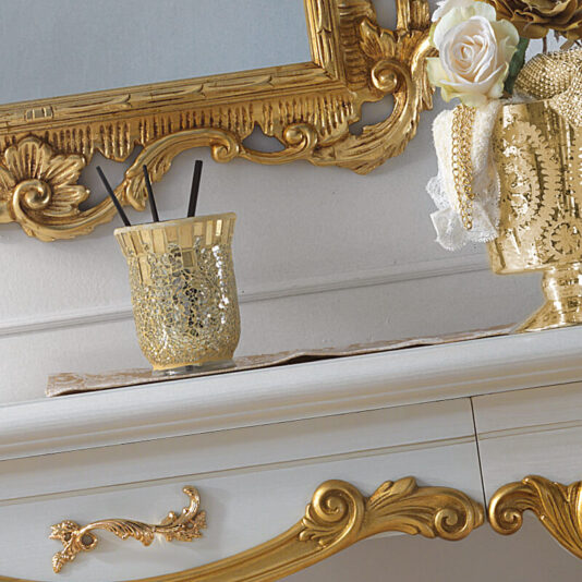 Ornate White and Gold Leaf Italian Dressing Table Refined Italian Dressing Table And Mirror Set