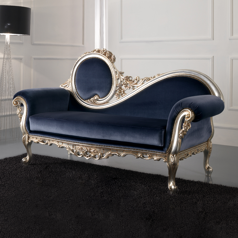 Navy Blue Velvet Champagne Leaf Baroque Sofa