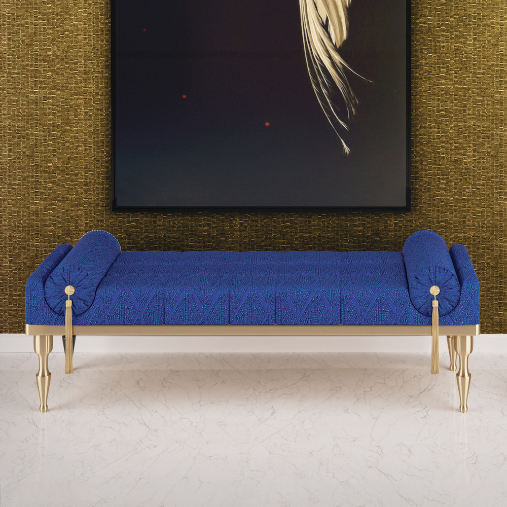 Luxury Royal Blue Gold Upholstered Bench