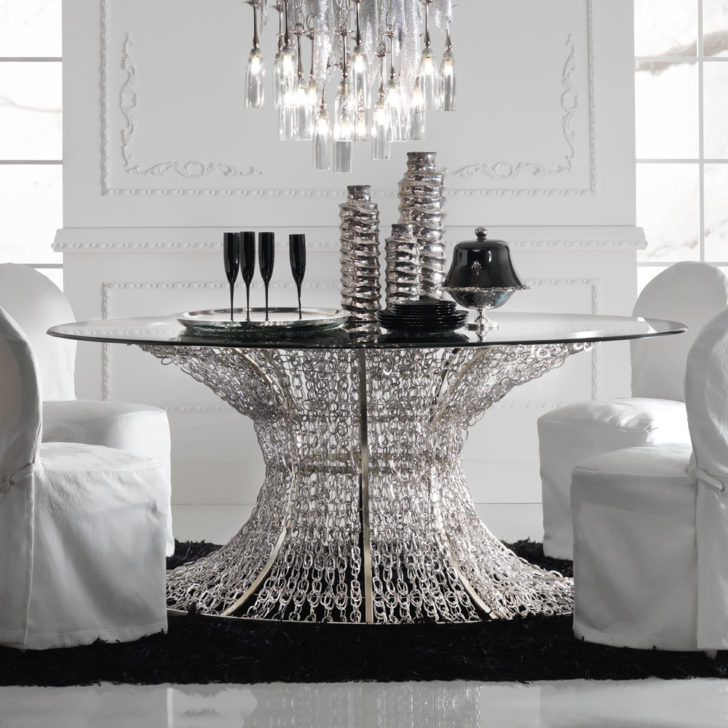 Oval Silver Leaf Smoked Glass Dining Table