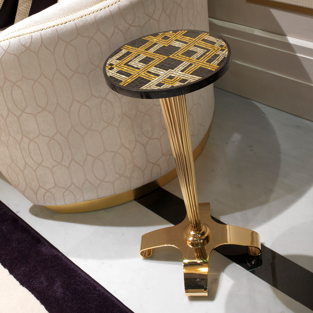 Small Designer Italian Brass Mosaic Side Table