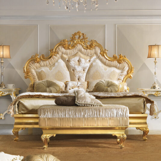 Striking Rococo Gold Leaf Button Upholstered Bed