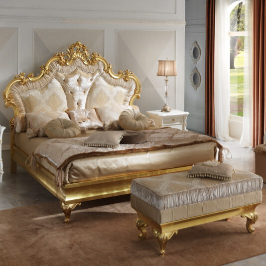 Rococo Gold Leaf Button Upholstered Bed Striking Rococo Gold Leaf Button Upholstered Bed
