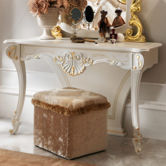 Elegant White and Gold Leaf Dressing Table And Mirror Set Luxurious White and Gold Leaf Dressing Table