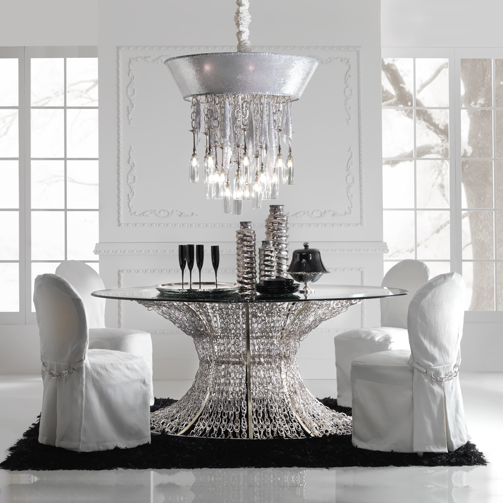 Oval Silver Leaf Smoked Glass Dining Table Set