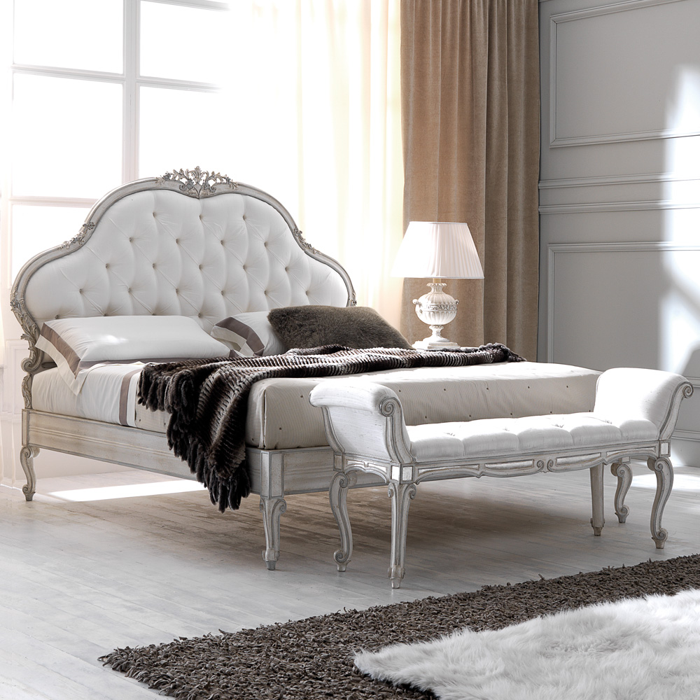 White Designer Ornate Italian Silk Button Upholstered Bed
