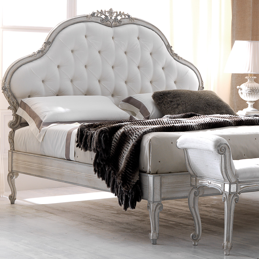 White Designer Ornate Italian Silk Button Upholstered Bed