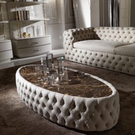 Modern Button Upholstered Nubuck Leather Oval Coffee Table