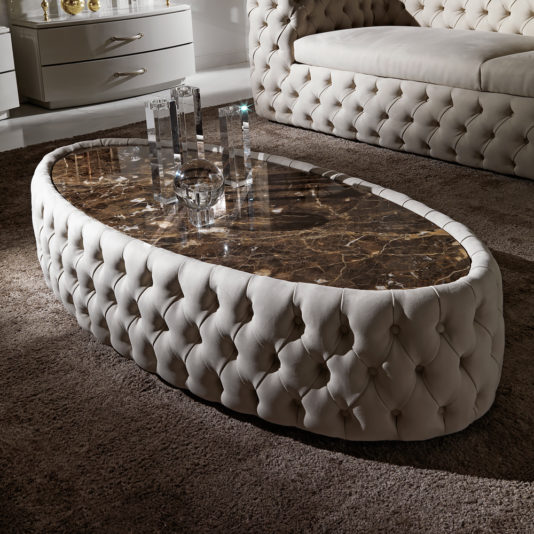 Modern Button Upholstered Nubuck Leather Oval Coffee Table