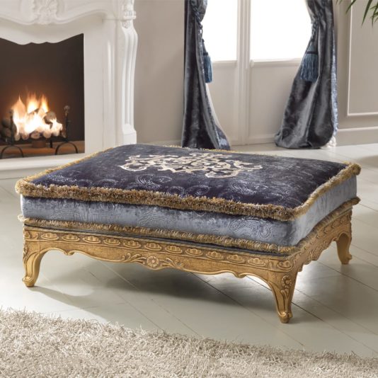 Classic Blue Velvet Upholstered Footstool