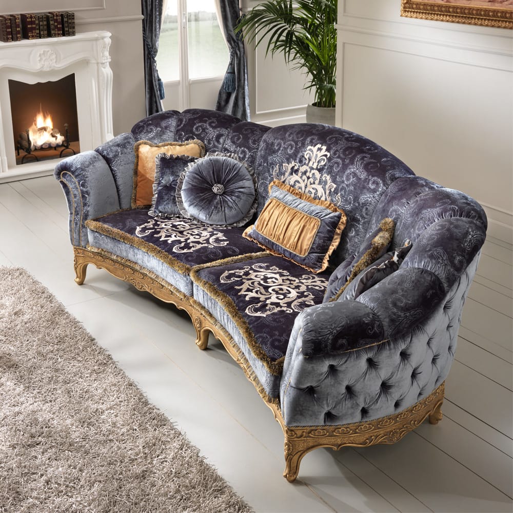 Classic Curved Blue Velvet Upholstered Sofa
