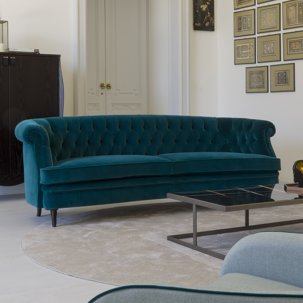 Classic Italian Designer Teal Velvet Sofa