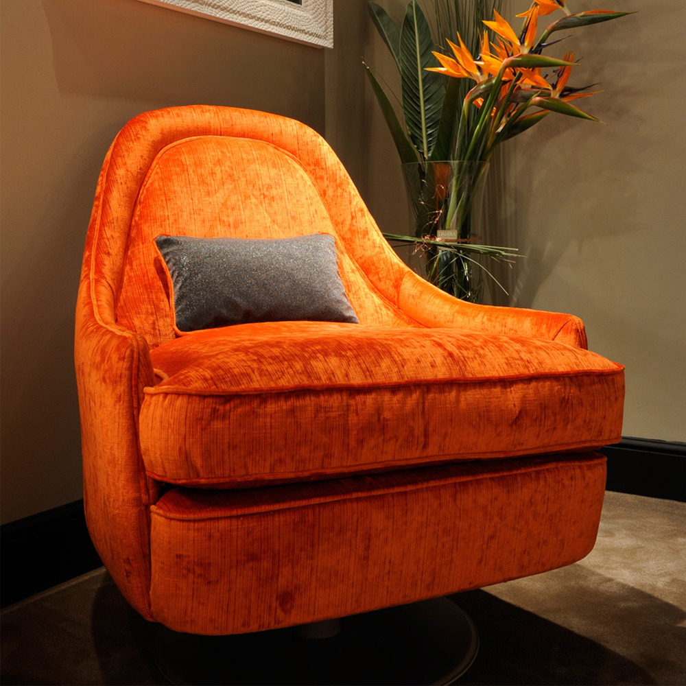 Contemporary Orange Velvet Swivel Armchair