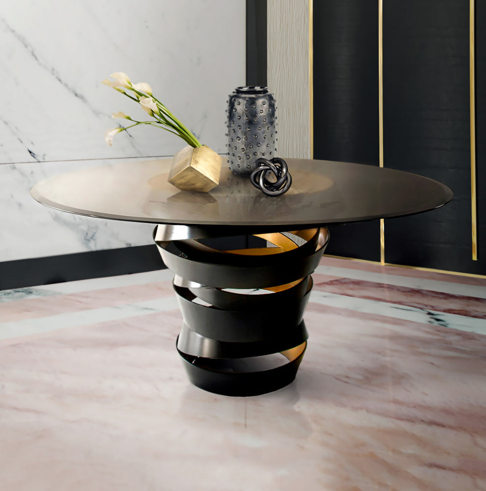 Contemporary Black And Gold Round Glass Table