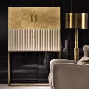Designer Italian Leather And Burl Veneer Cocktail Cabinet