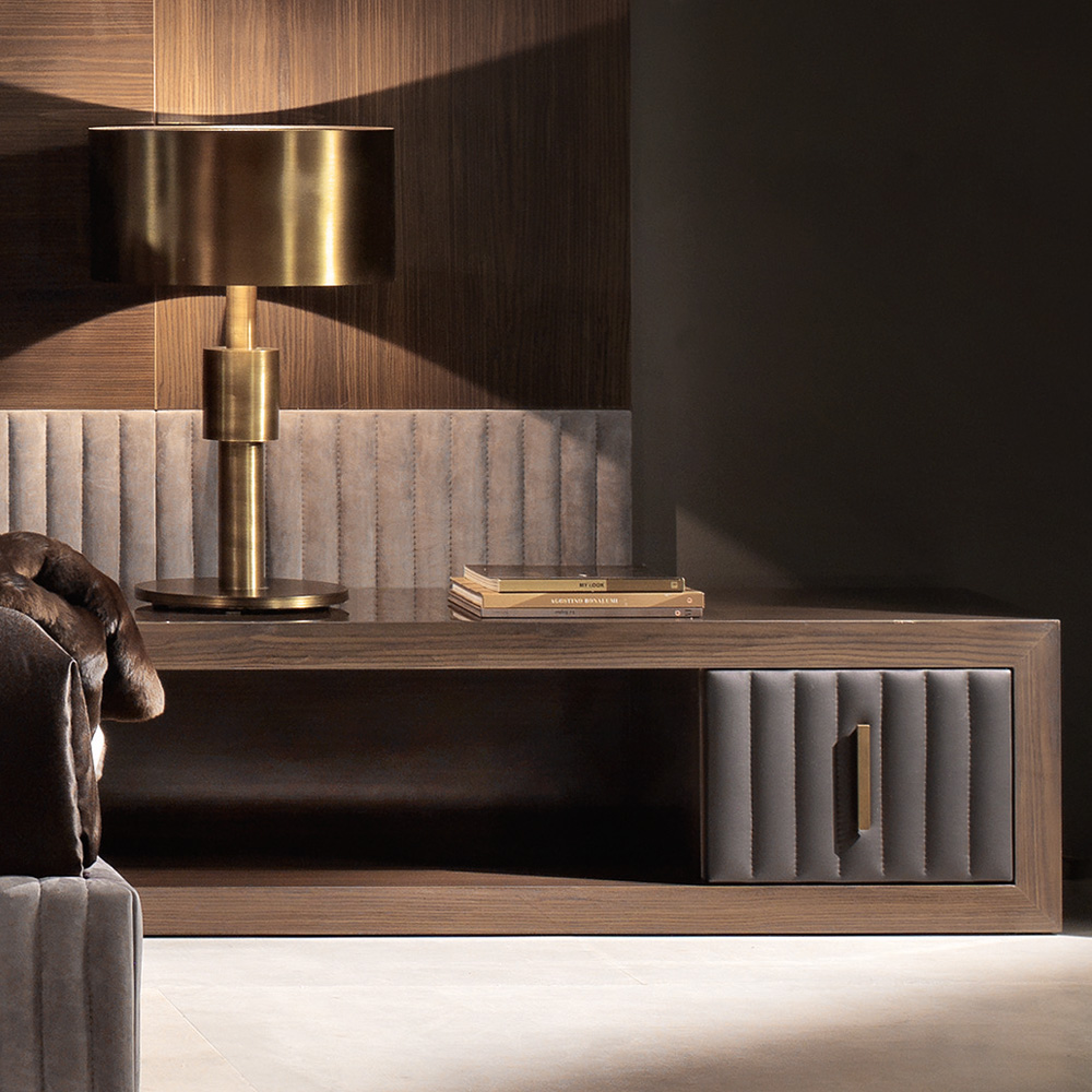 Designer Italian Leather And Walnut Veneer Low Cabinet