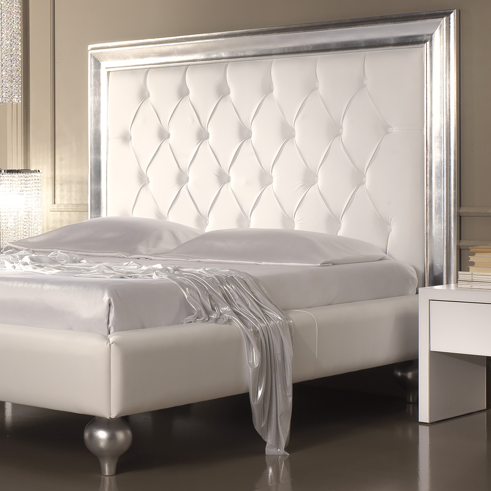 Designer Italian White Leather Button Upholstered Bed
