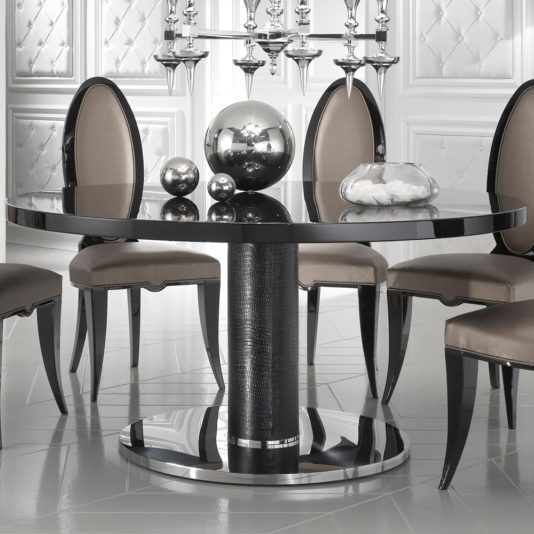 Designer Leather Round Black Lacquered Dining Table Set