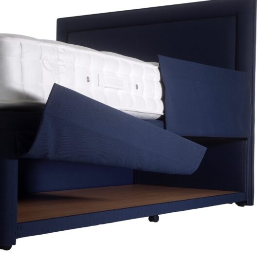 A close-up photo of a dark blue Hypnos Hideaway Divan bed frame, showcasing its upholstered design. The frame features a raised mattress and two partially open fabric-covered storage compartments, revealing the wooden bases inside.