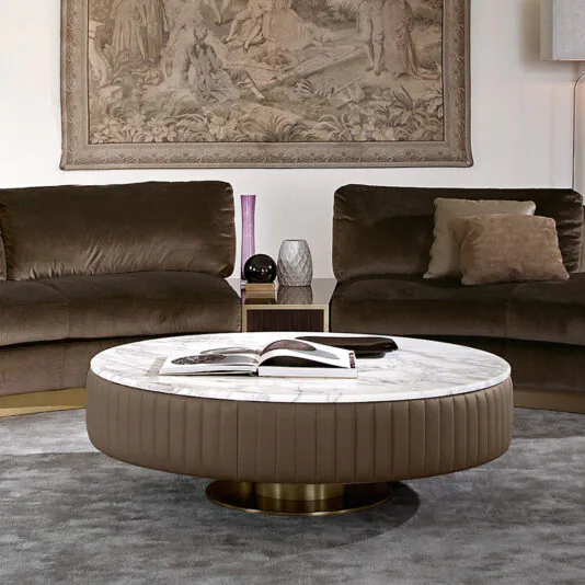 Italian Leather Upholstered Round Marble Coffee Table Italian Leather Upholstered Round Marble Coffee Table