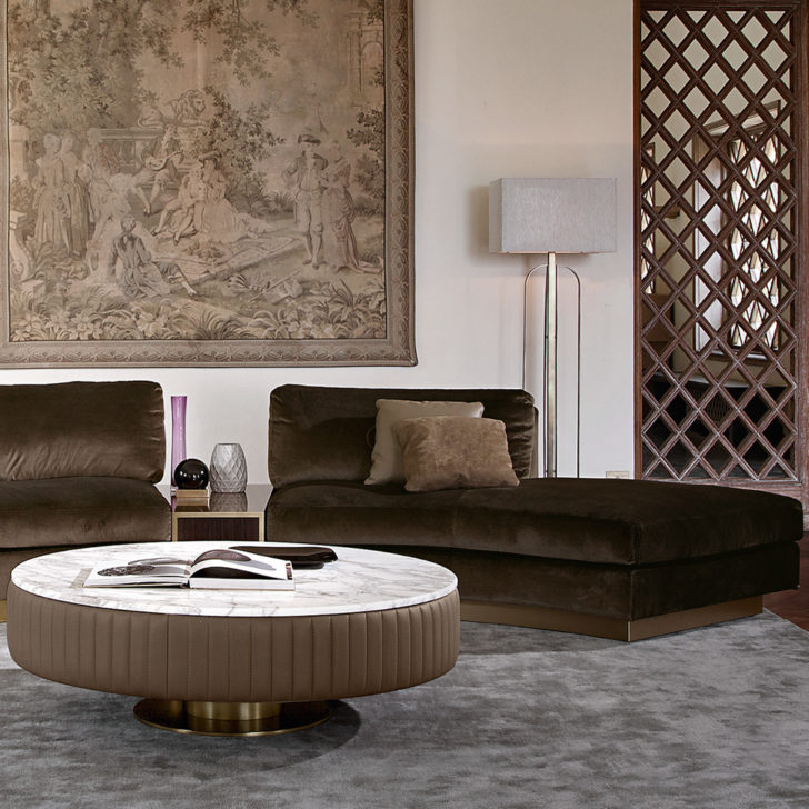 Italian Leather Upholstered Round Marble Coffee Table