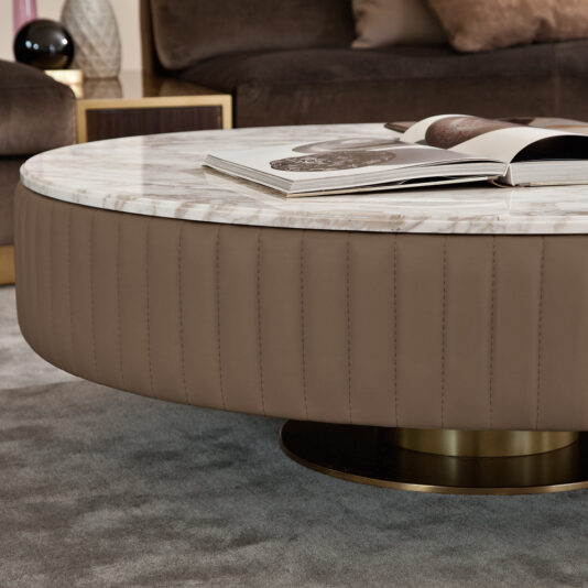 Italian Leather Upholstered Round Marble Coffee Table Italian Leather Upholstered Round Marble Coffee Table