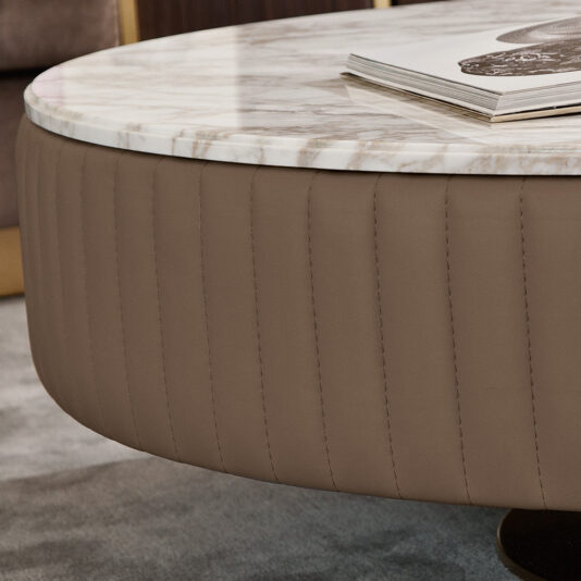 Italian Leather Upholstered Round Marble Coffee Table Italian Leather Upholstered Round Marble Coffee Table