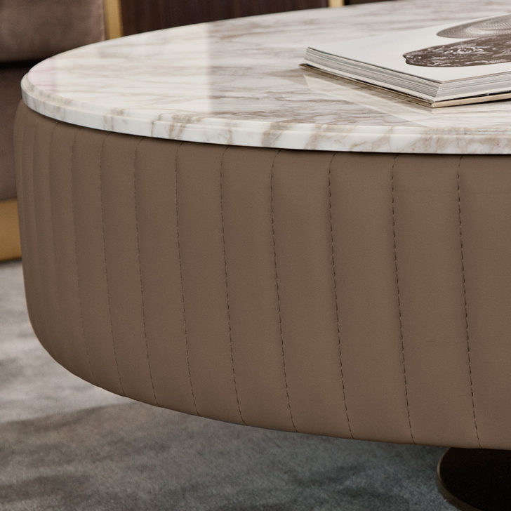 Italian Leather Upholstered Round Marble Coffee Table
