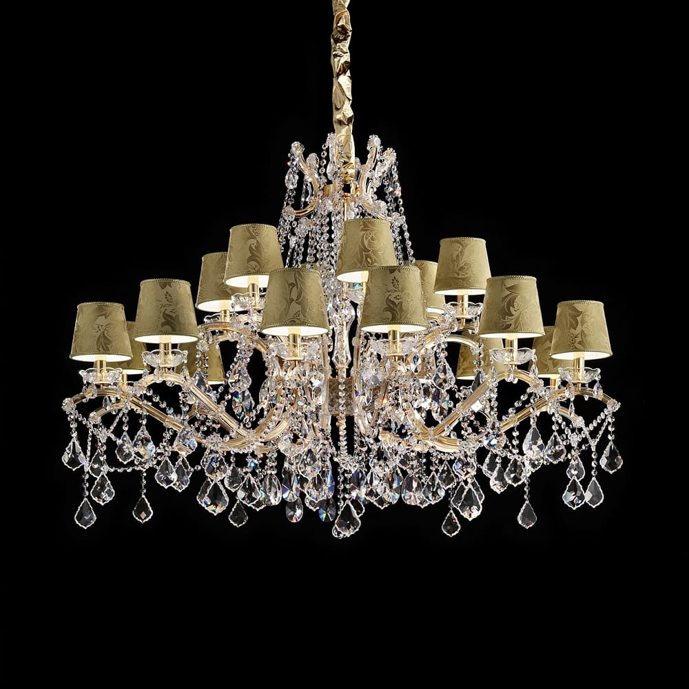 Italian Crystal Chandelier With Gold Damask Shades